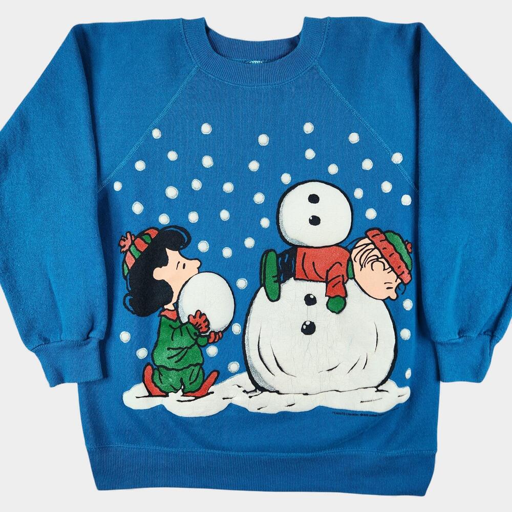 VTG Peanuts Christmas Sweatshirt Adult Small Blue Hanes Lucy Linus Snowman 80s